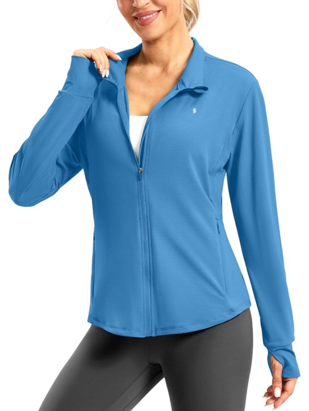 Women's Blue UPF 50+ Sun Protection Long Sleeve Shirt Zip Up Hiking Workout Top